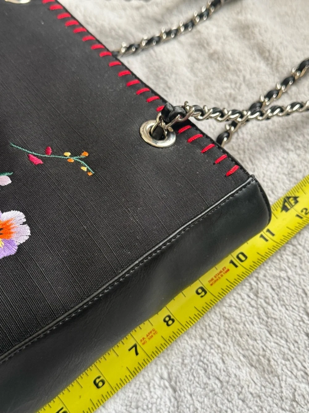 Lucy Pereda Black Embroidered Floral Birds Tote Shoulder Bag Chain Strap‎ Boho